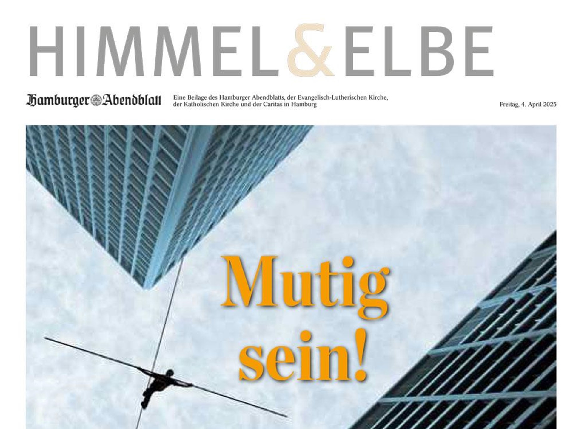 Titelblatt von Himmel und Elbe mit dem Text Mutig sein und einem in großer Höhe balancierenden Menschen