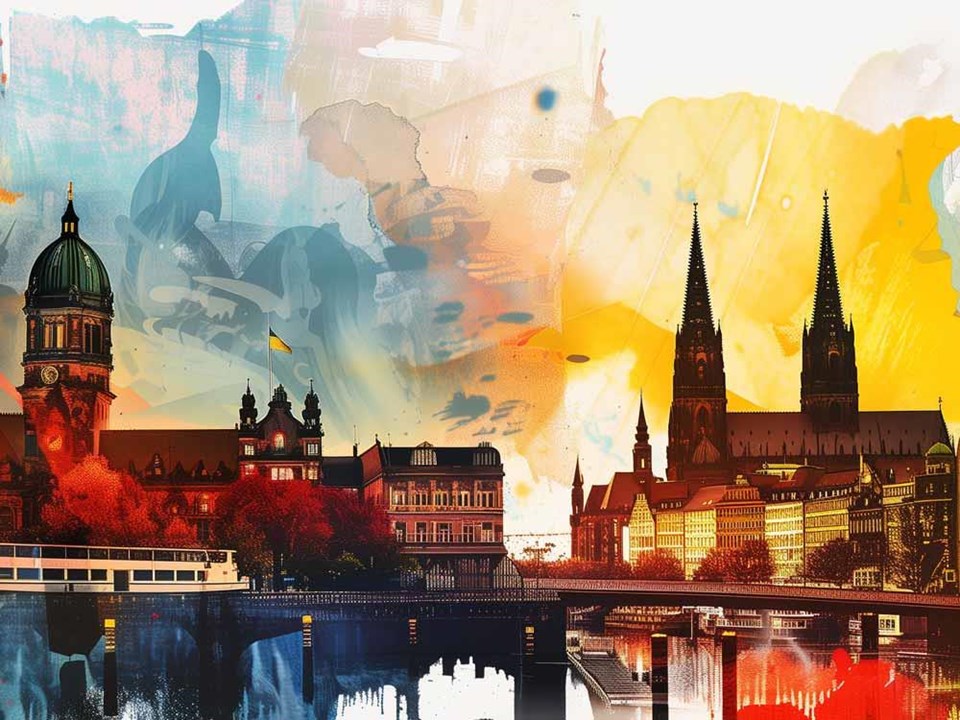 Gemalte Collage der Silhouette von Hamburg, von der Elbe aus gesehen