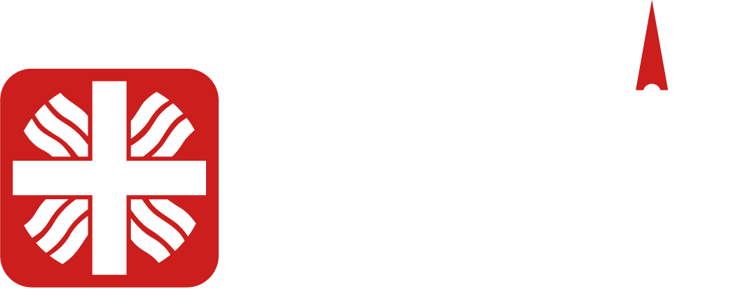 Logo der Caritas im Norden mit weißem Flammenkreuz auf rotem Grund