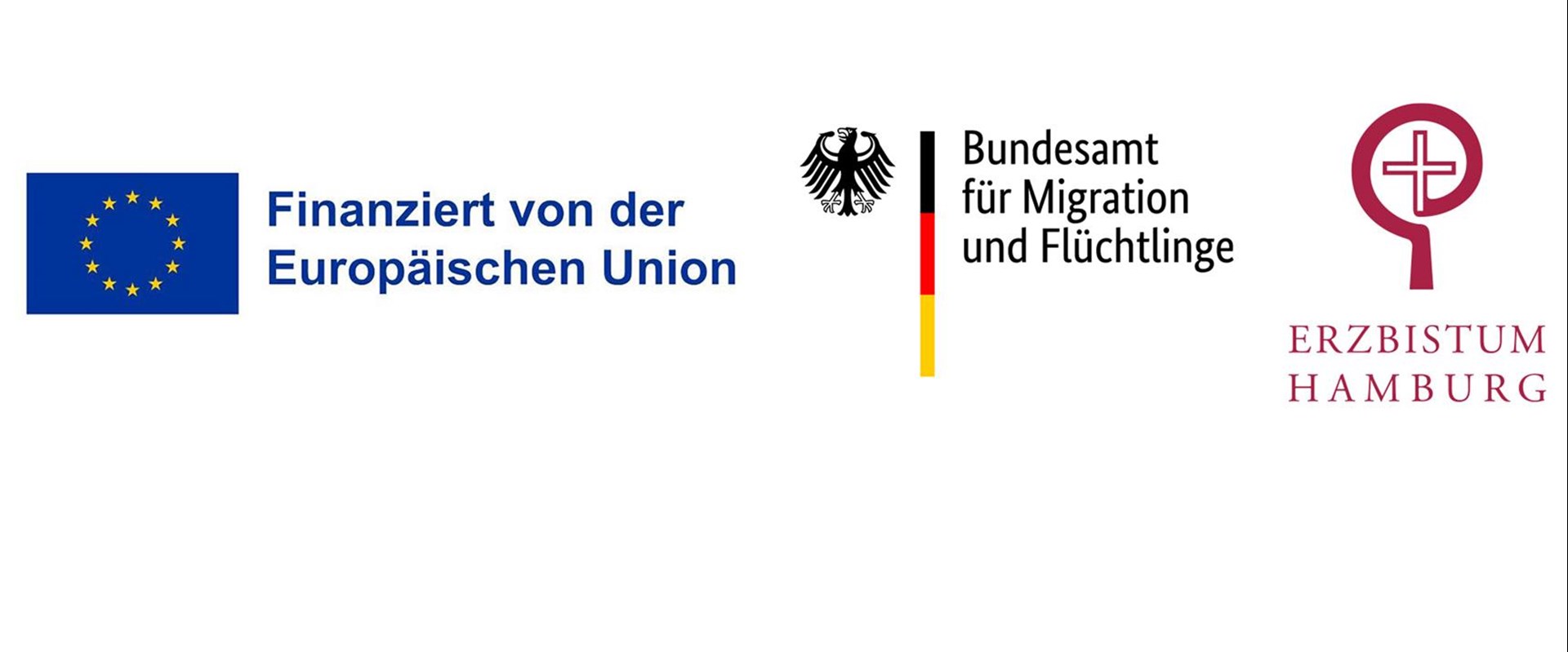Fahne der EU mit Zusatz "Finanziert von der Europäischen Union", rechts davon Logo des Bundesamtes für Migration und Flüchtlinge, rechts davon Logo des Erzbistums Hamburg