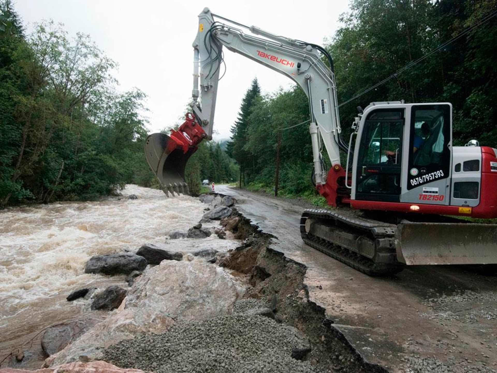 Überflutete Waldgegend mit Bagger