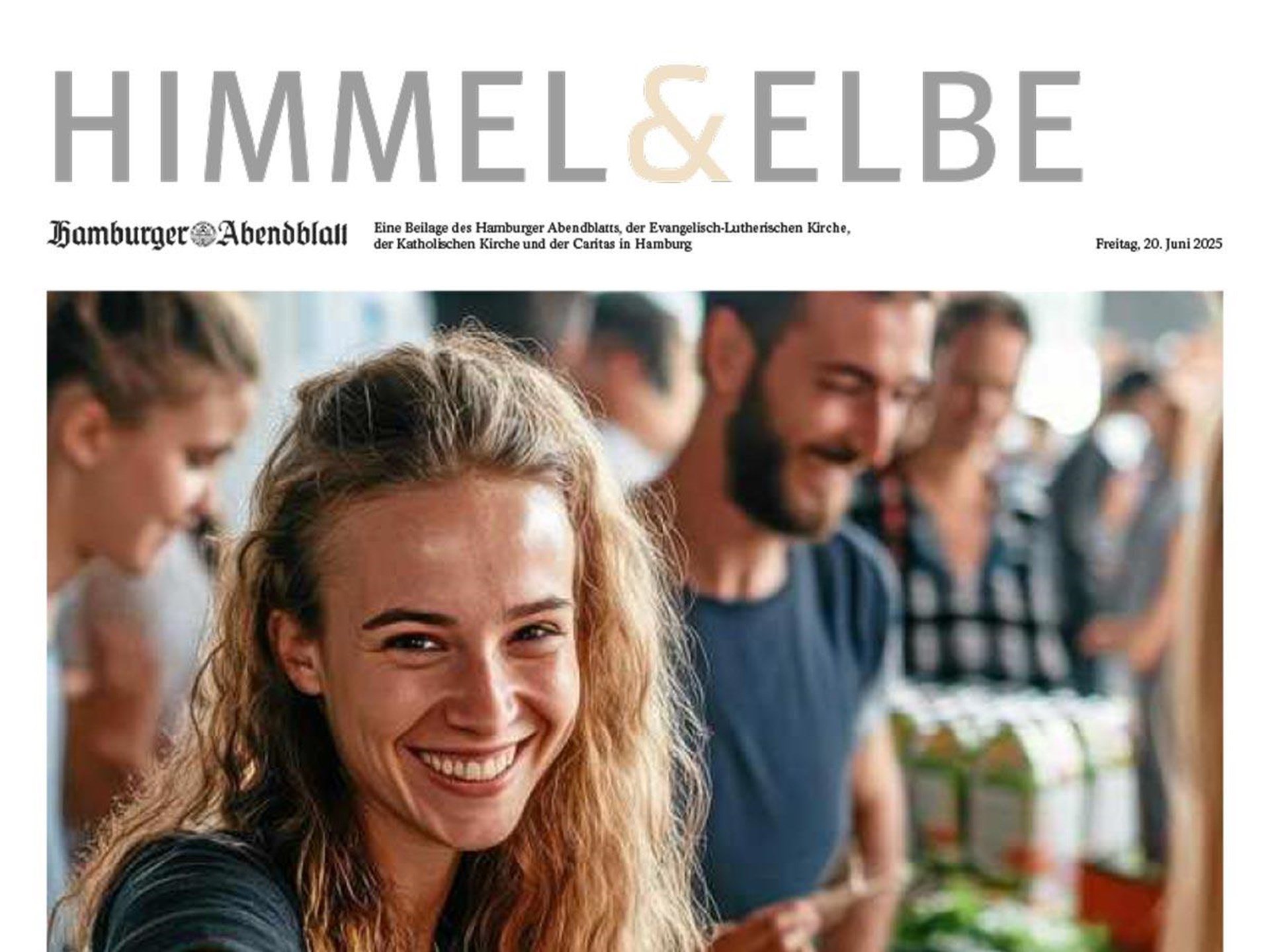 Titelblatt der Himmel und Elbe Ausgabe des Hamburger Abendblatts vom 20. Juni 2025 mit einer jungen Ehrenamtlichen im Zentrum
