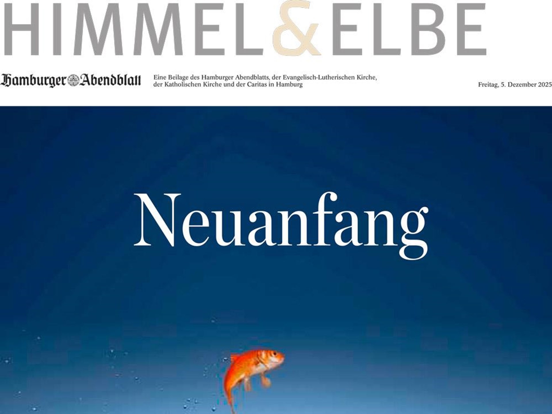 Titelblatt der Kirchenbeilage Himmel und Elbe vom 05.12.2025, mit springendem Goldfisch